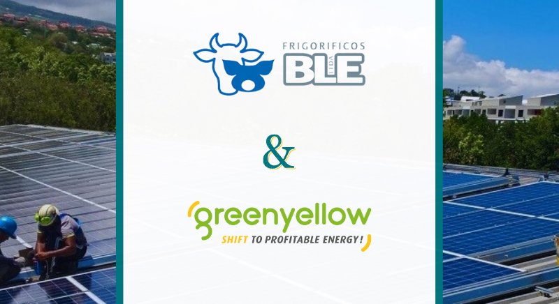 Photo montage showing a rooftop solar plant, the Frigorificos Ble logo and the GreenYellow logo
